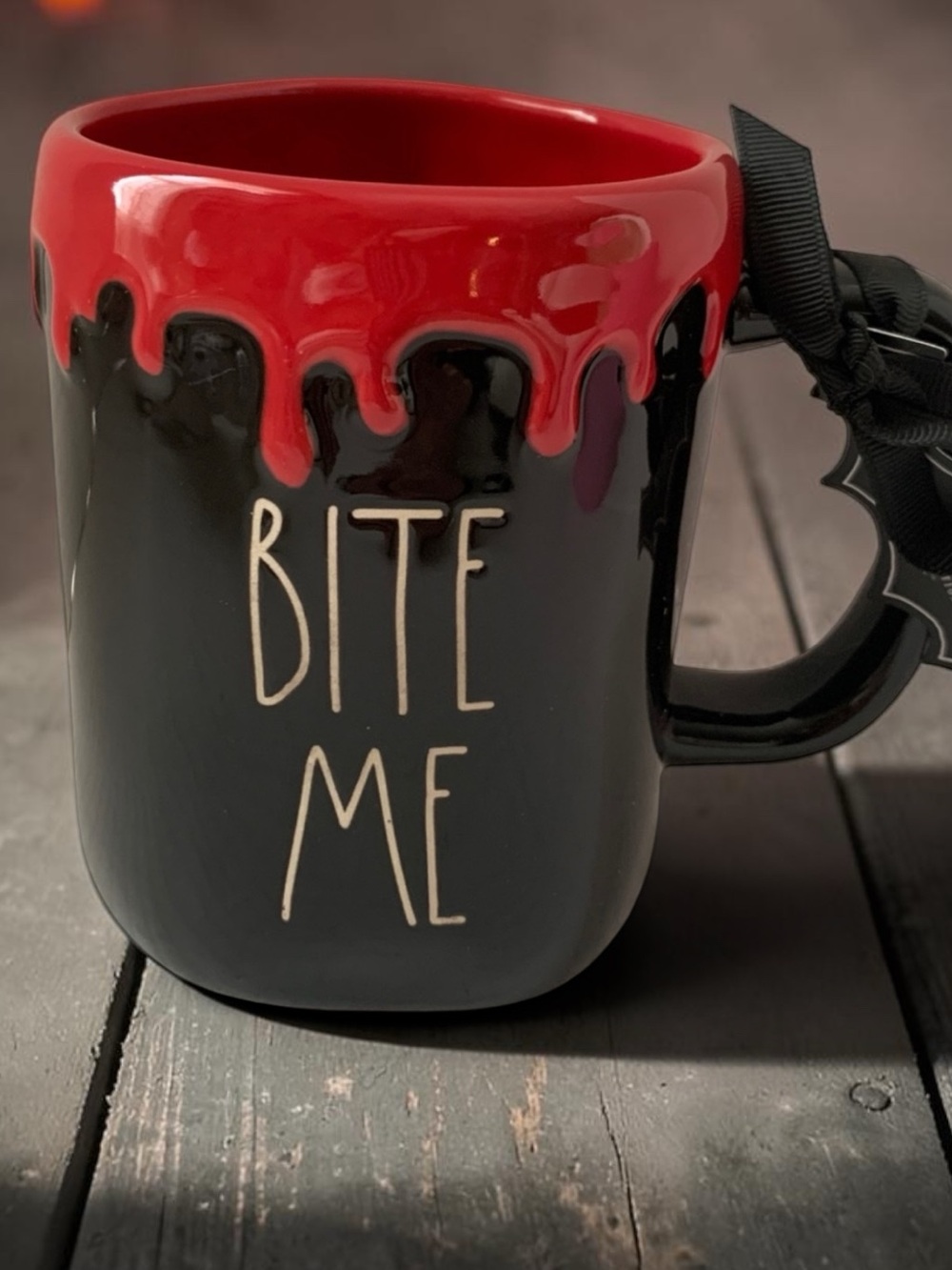 Rae Dunn Bite Me Red Drip Black Coffee Mug Cup Halloween NEW